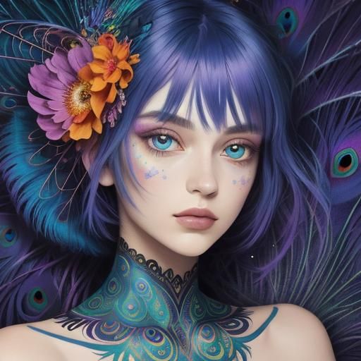 Abstract Woman with Peacock Feathers, Klimt-inspired