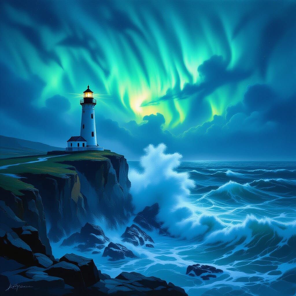 Epic Lighthouse Amidst Stormy Aurora Sea