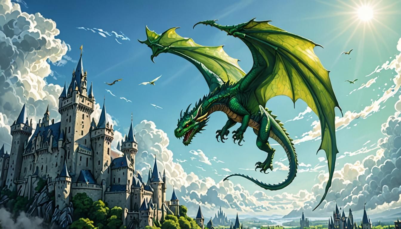 Majestic Green Dragon Soaring Over Castle, Art Nouveau Style