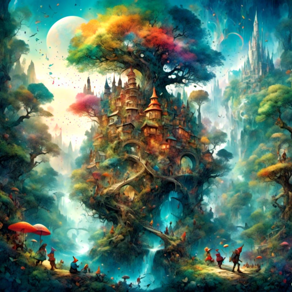 Gnome Tree City: Fairytale Watercolor Painting