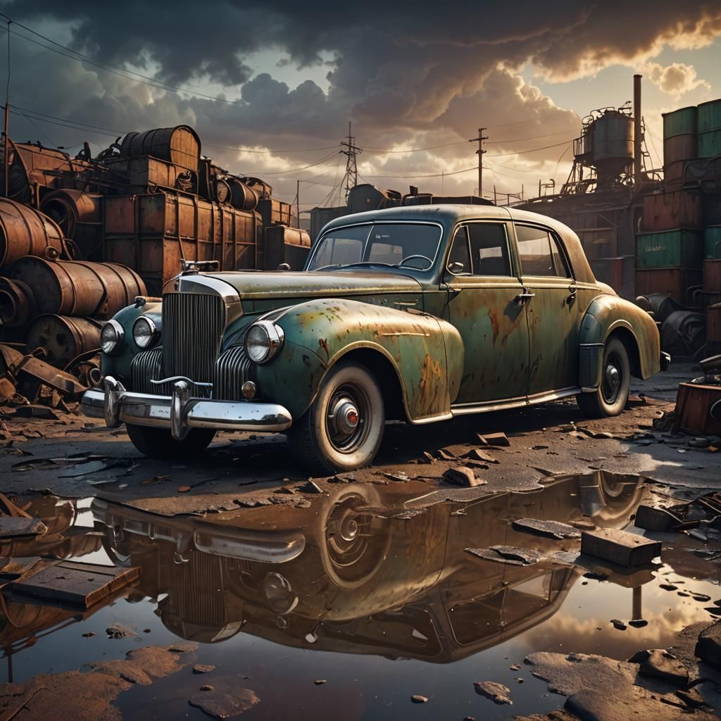 Dieselpunk Wasteland: Lincoln Continental in Stormy Sunset