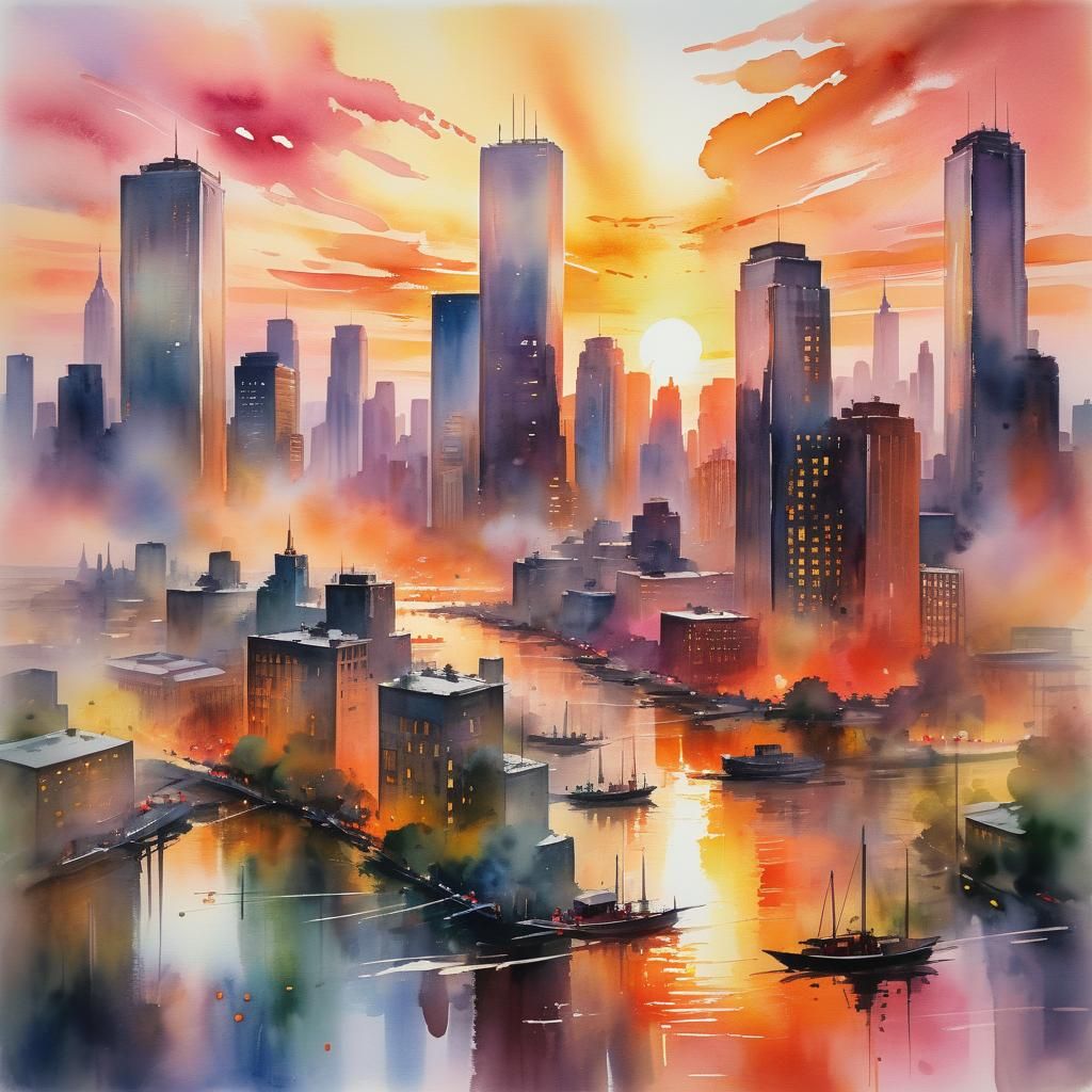 Vibrant Sunset Over City in Watercolor Style