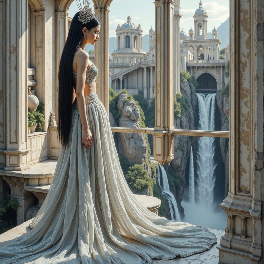 Futuristic Princess with Silver Kokoshnik in Cyberpunk Style