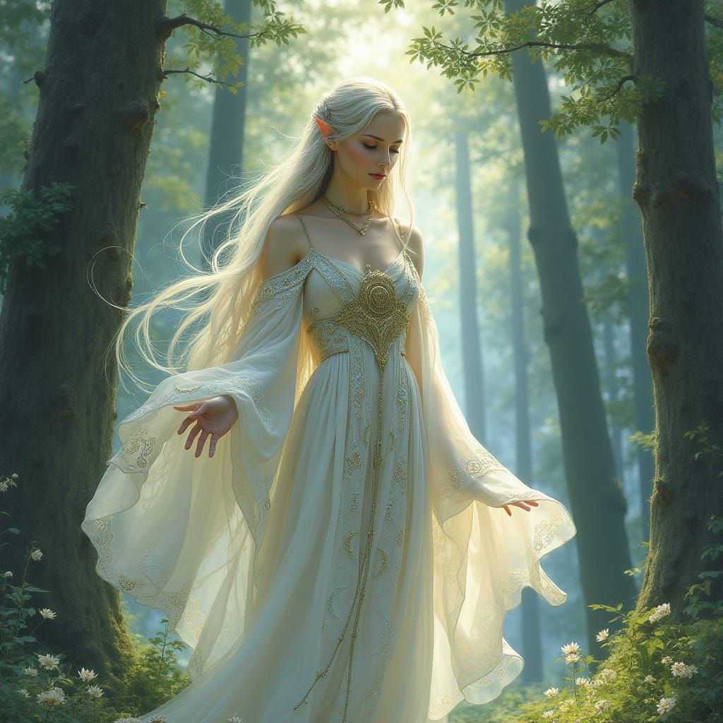 Moonlit Elf Priestess in Whimsical Forest