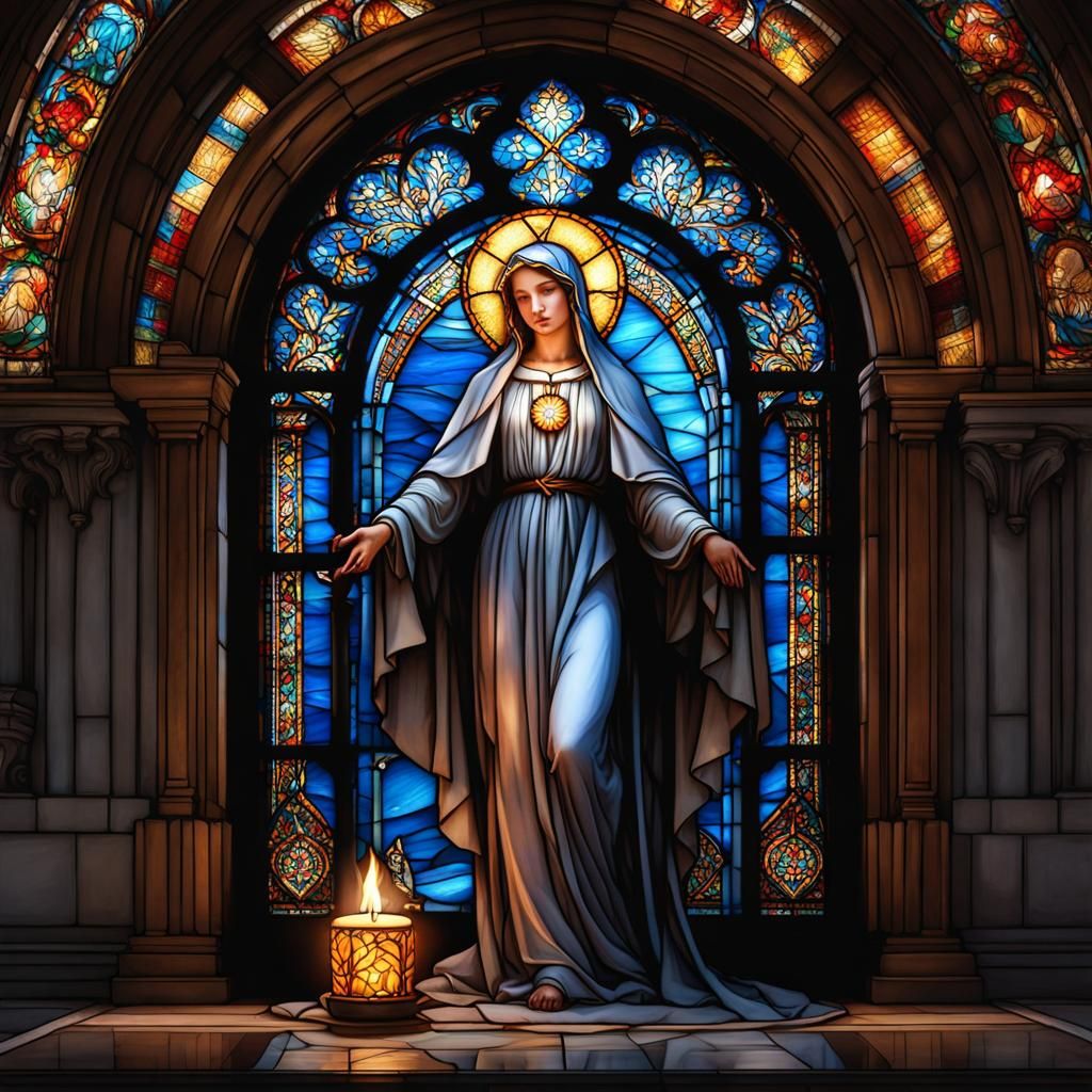 Stained Glass: Mary with Blue Candle
