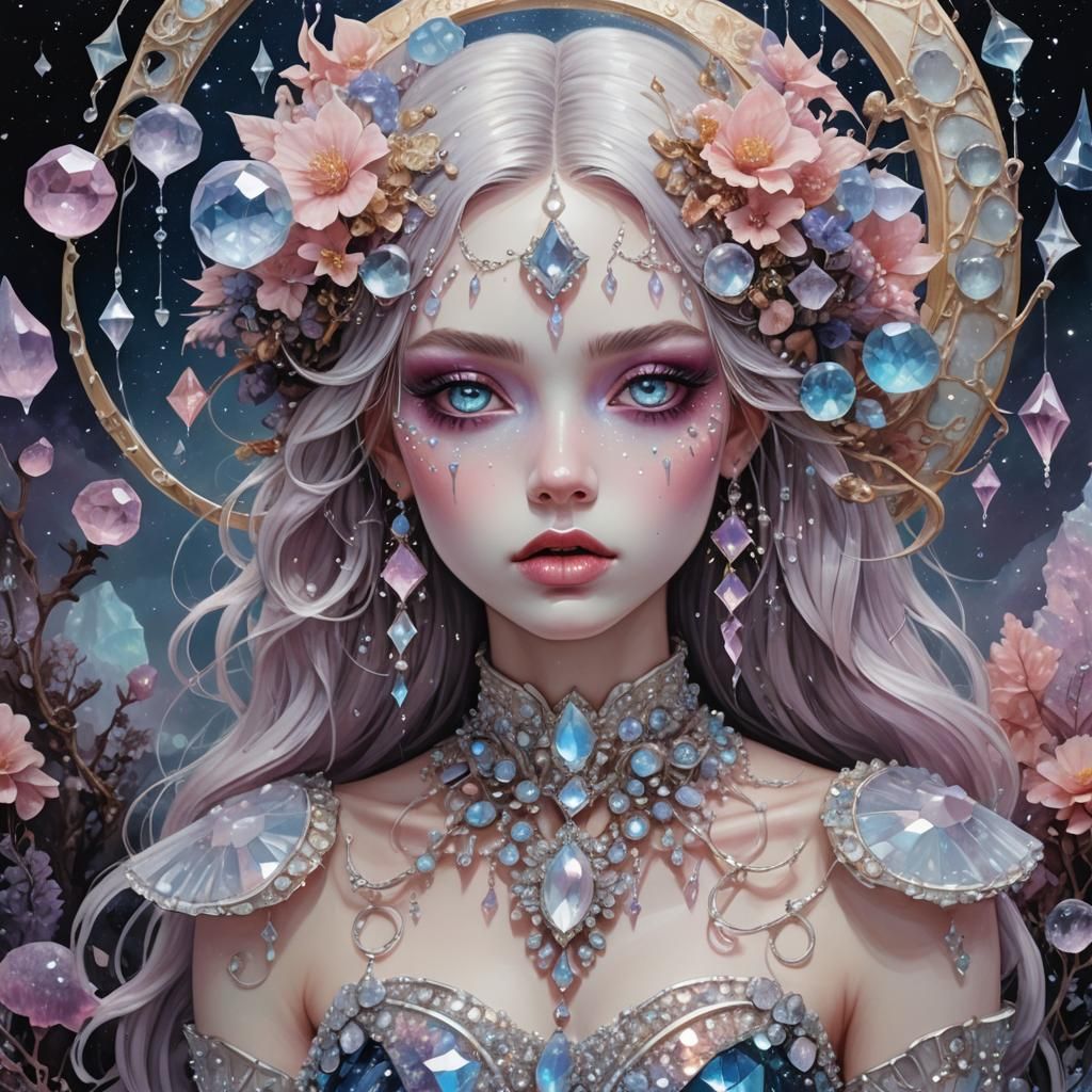 Crystalline Girl with Moon and Mushrooms