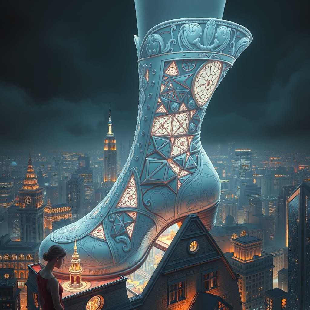 Colossal Boot Crushing City in Escher-Style Architecture