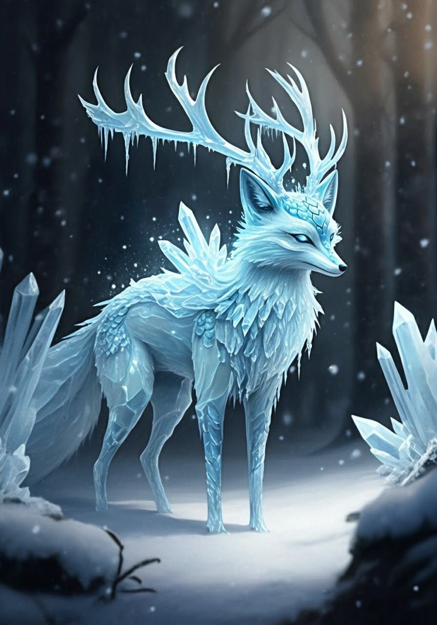 Ethereal Ice Kirin in Winter Forest: Watercolor Illustration