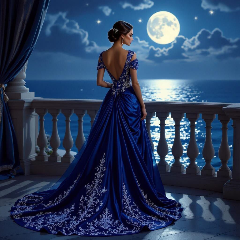 Elegant Woman in Sapphire Gown on Moonlit Balcony