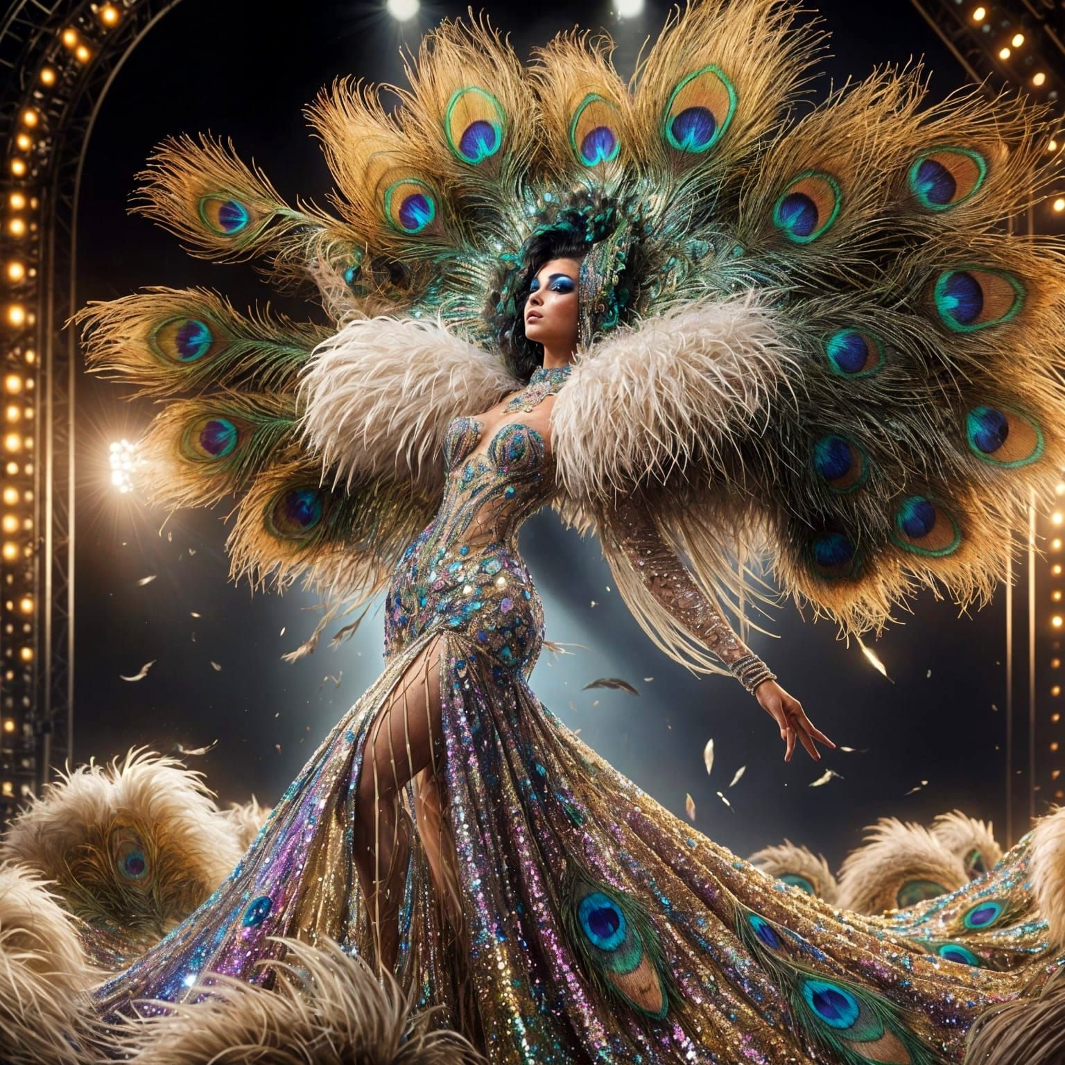 Glamorous Peacock Showgirl in Sequined Feather Gown