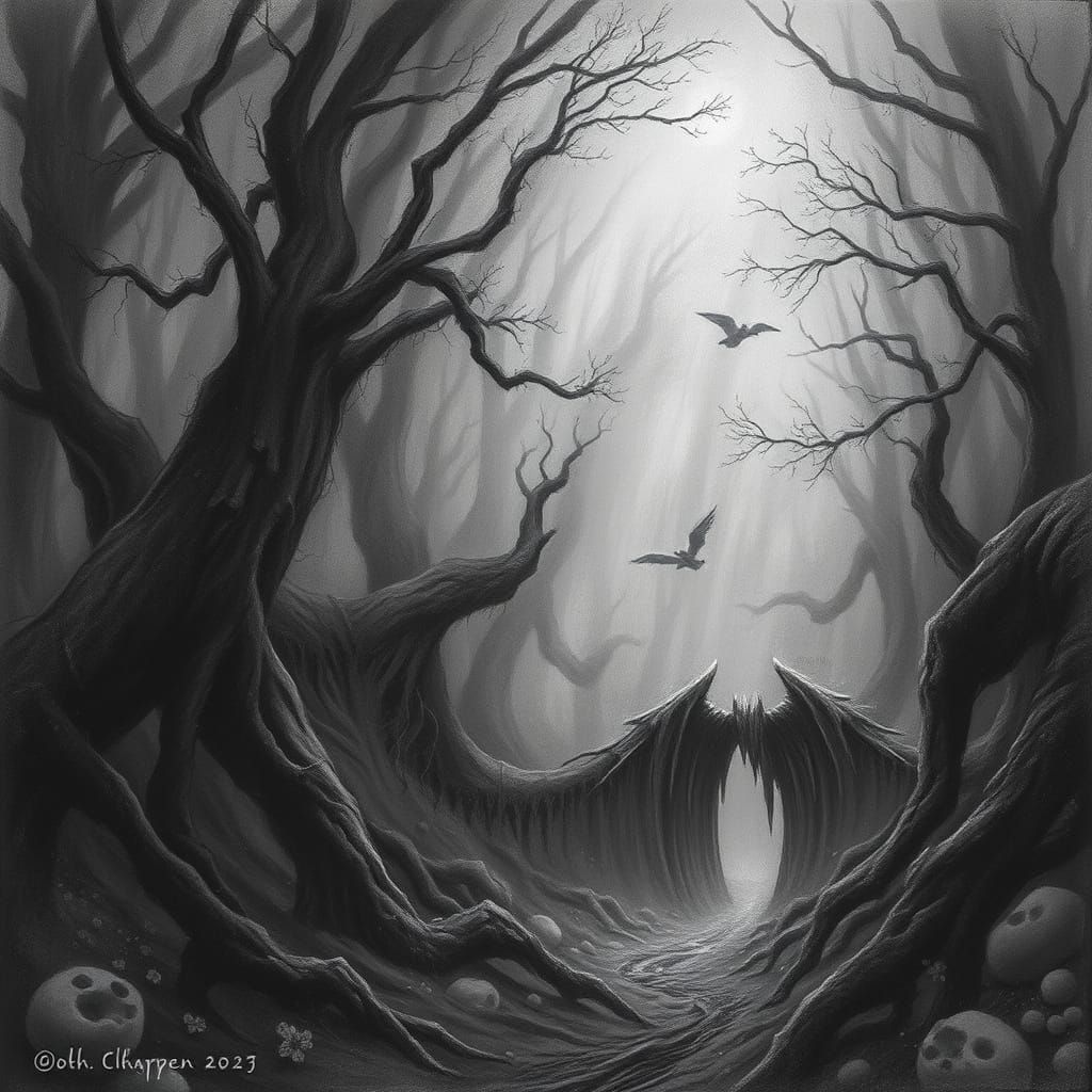 Mystical Dreamlike Charcoal Drawing with Surreal Mystery