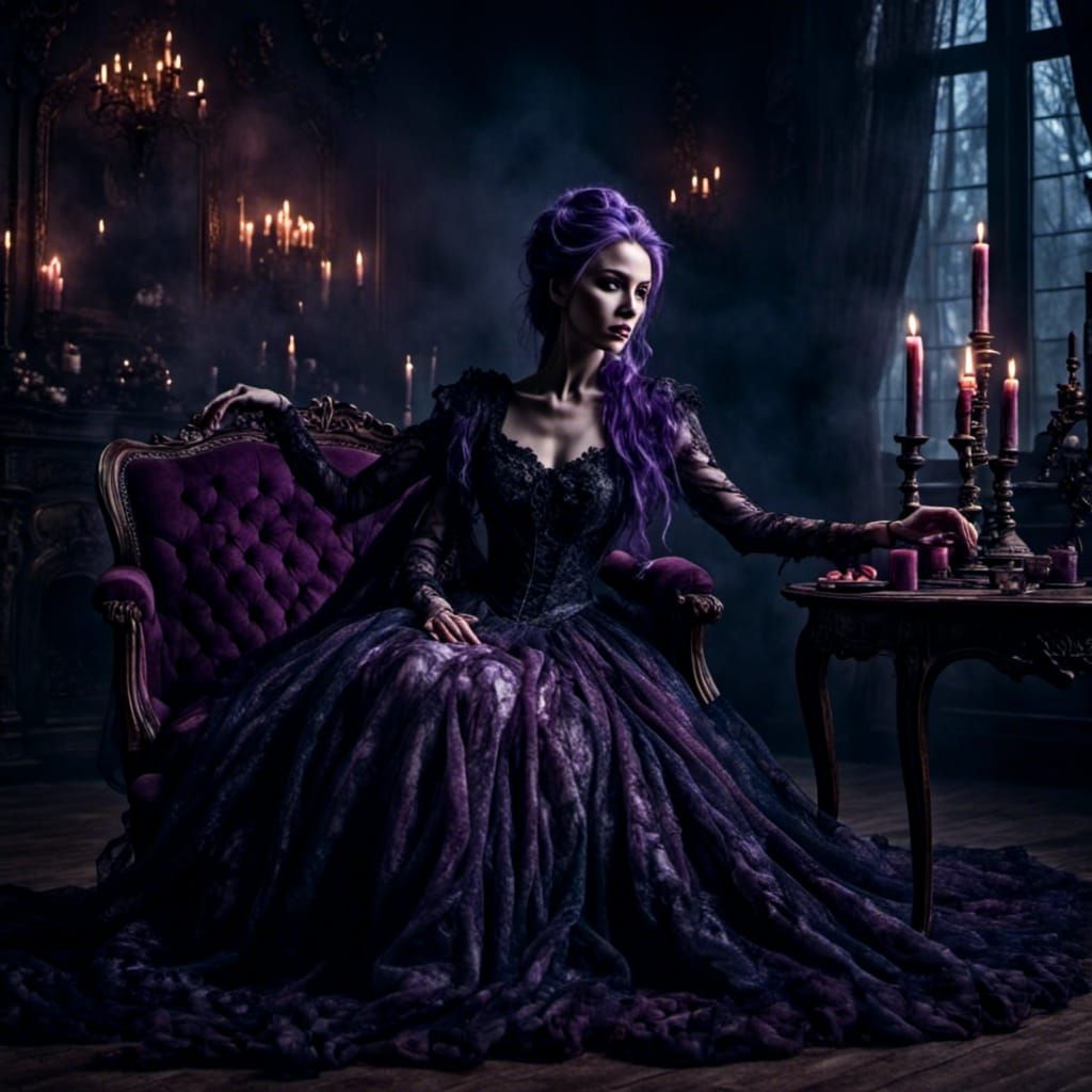 Gothic Vampire in Victorian Mansion with Purple Hues