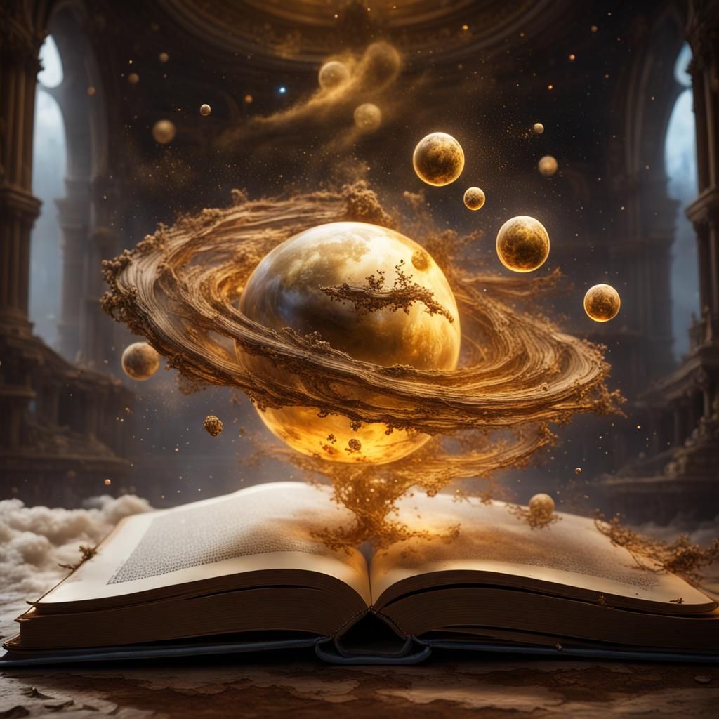 Golden Galaxy Planets Emerging from Fantasy Book