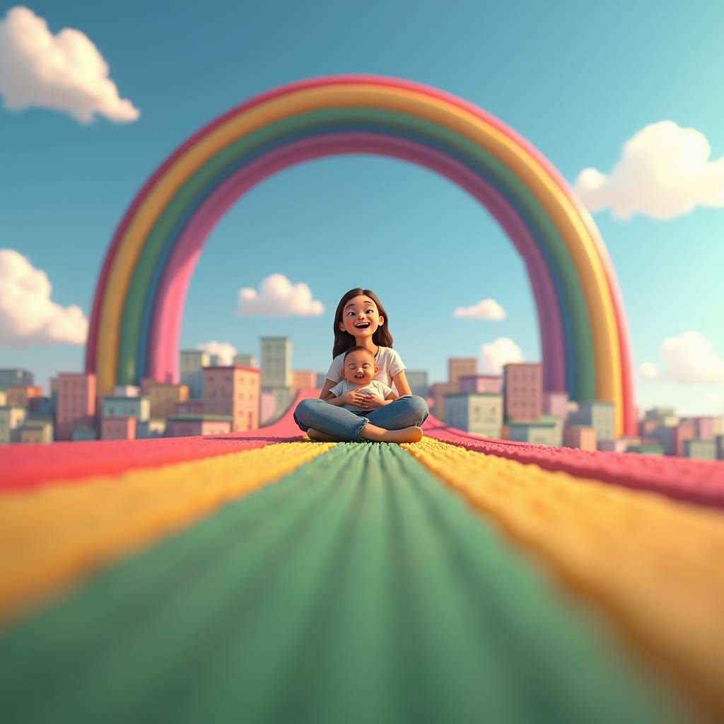 view from downside,Background in the sky, a large rainbow is in the sky, has the shape of a large slide, the rainbow end...