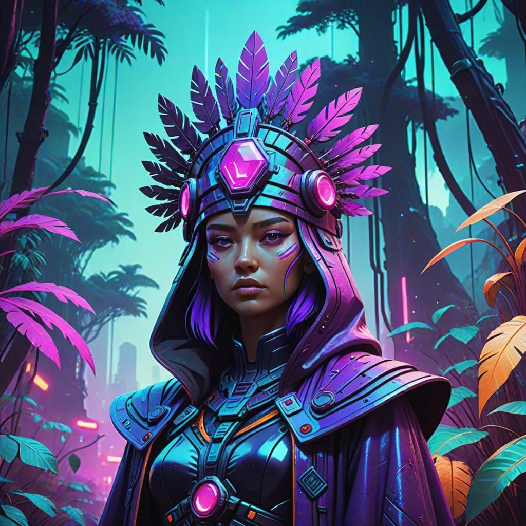 Amazonian Purple Gemstone Tribe Member in Vibrant Jungle Env...