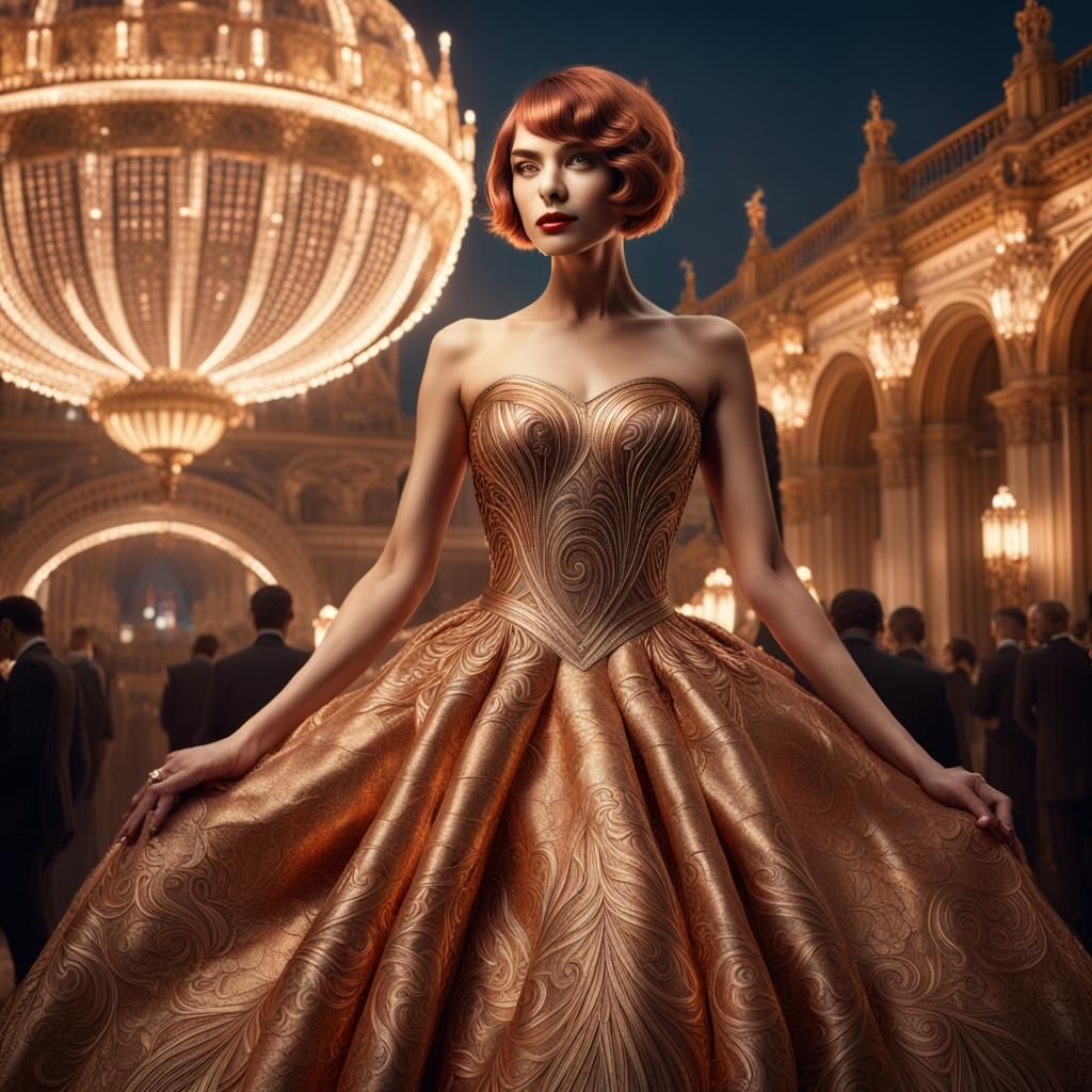 Copper Wire Woman in Ornate Gown: Digital Art