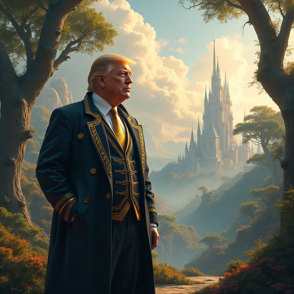 Ornate Figure Between Fantasy Forest and Future City