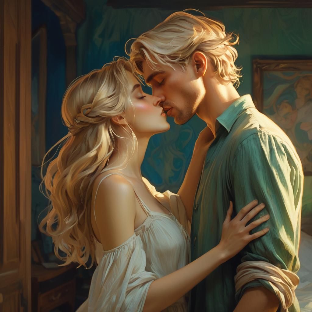 Romantic Couple Kissing in Art Nouveau Style