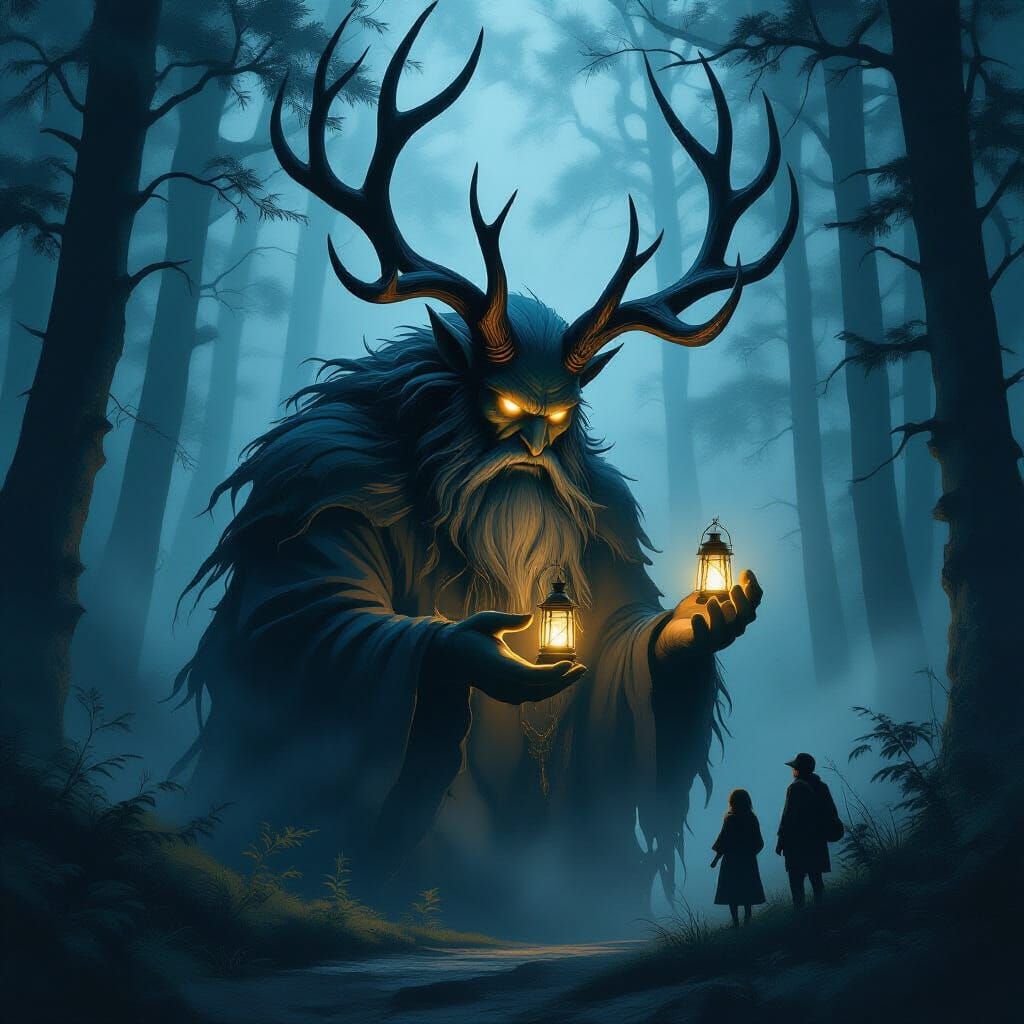 Antlered Shadow Giant Lights Lanterns in Misty Forest