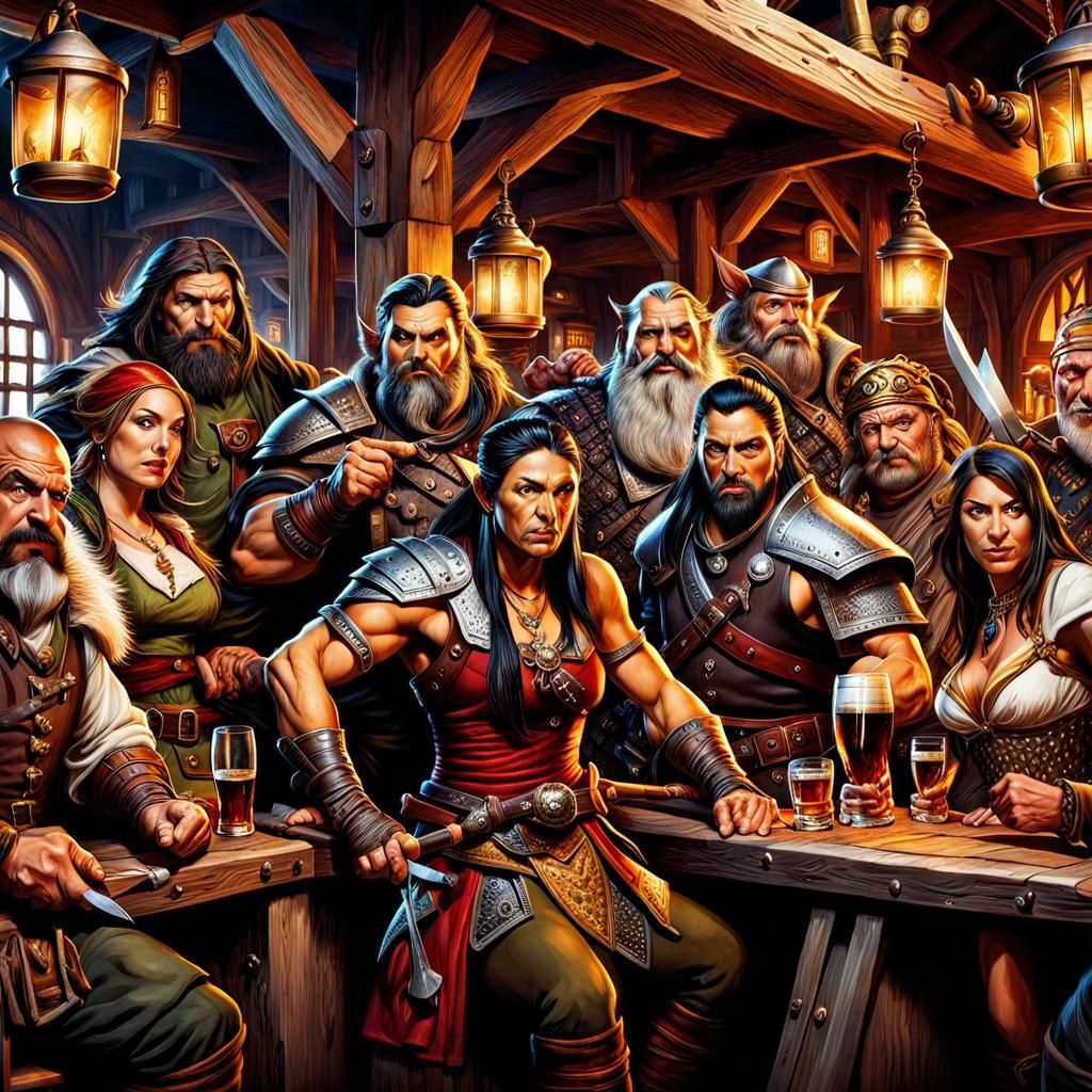 Fantasy Tavern Collage with Diverse Characters