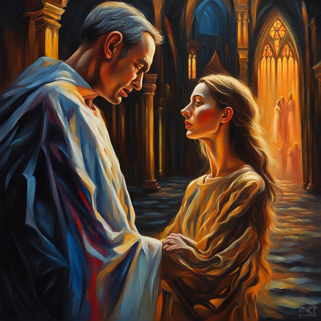 Priest and Woman in Cathedral: Surreal Oil Painting