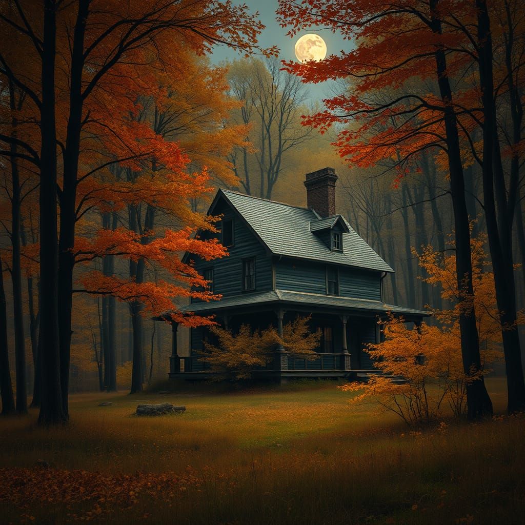 Ethereal Abandoned House in Fall Woods Illuminated by Lunar ...