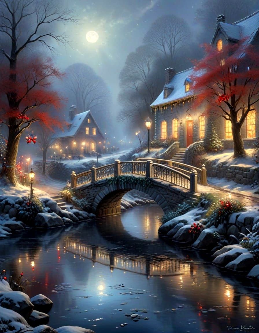 Winter Stream Reflecting Christmas Lights in Thomas Kinkade ...