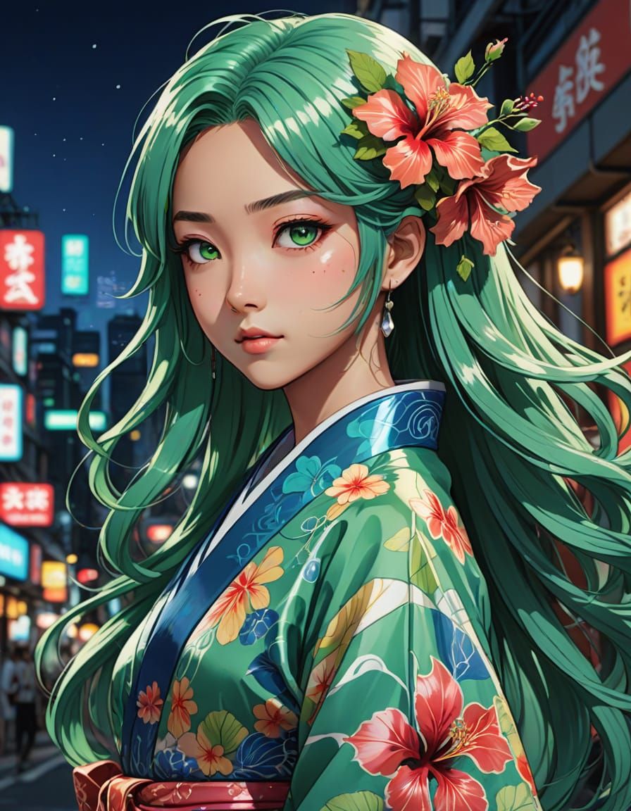Seafoam Green Hibiscus Maiden in Anime Style