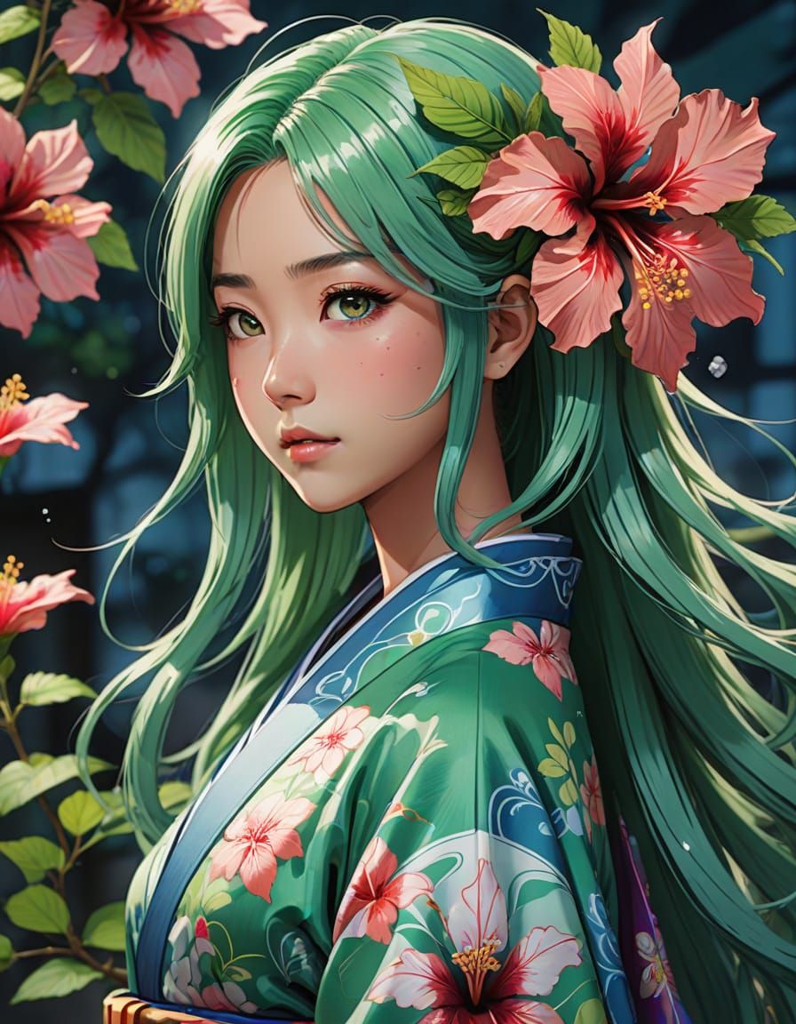 Japanese Woman with Hibiscus Flowers, Anime Style