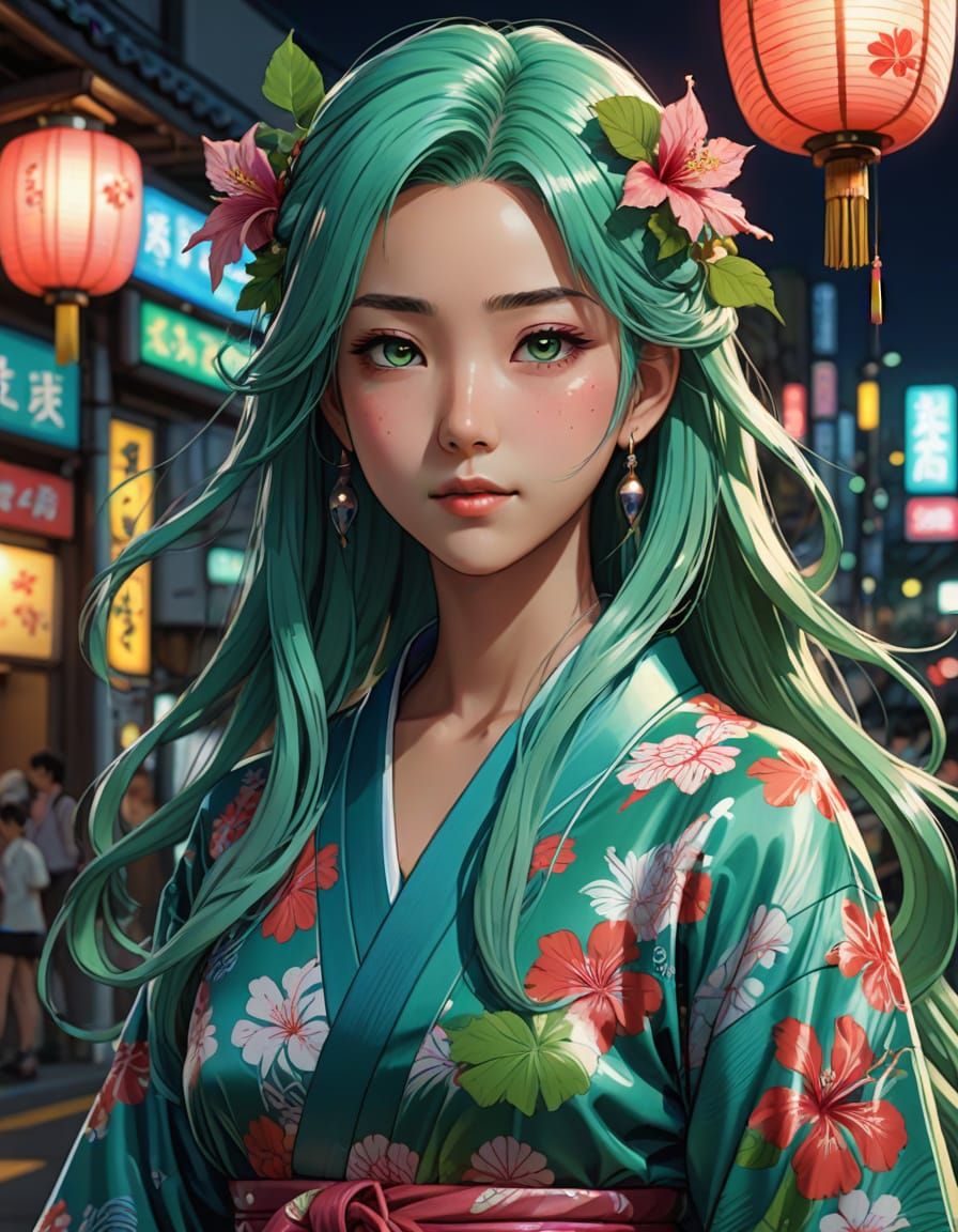 Hibiscus Kimono Woman with Dragon Wings in Manga Style