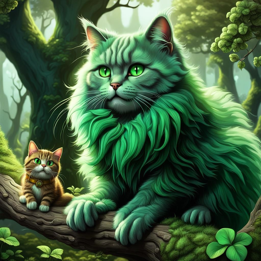 a fluffy cat with green fur and green eyes on a tree branch watching a leprechaun bury his treasure.