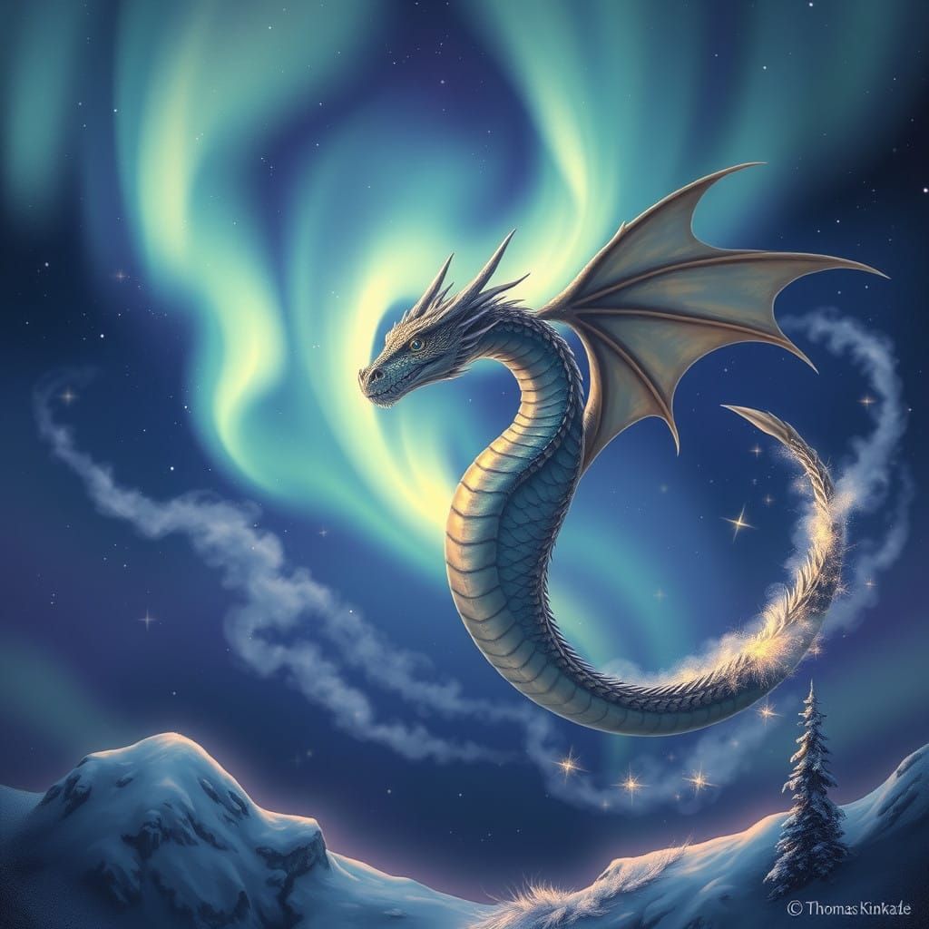 Majestic Dragon Soars with Aurora Borealis in Dreamy, Ethere...