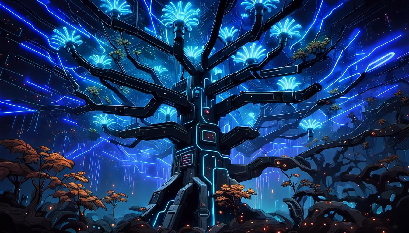 Vibrant Cyberpunk Jungle with Glowing Mechanical Trees