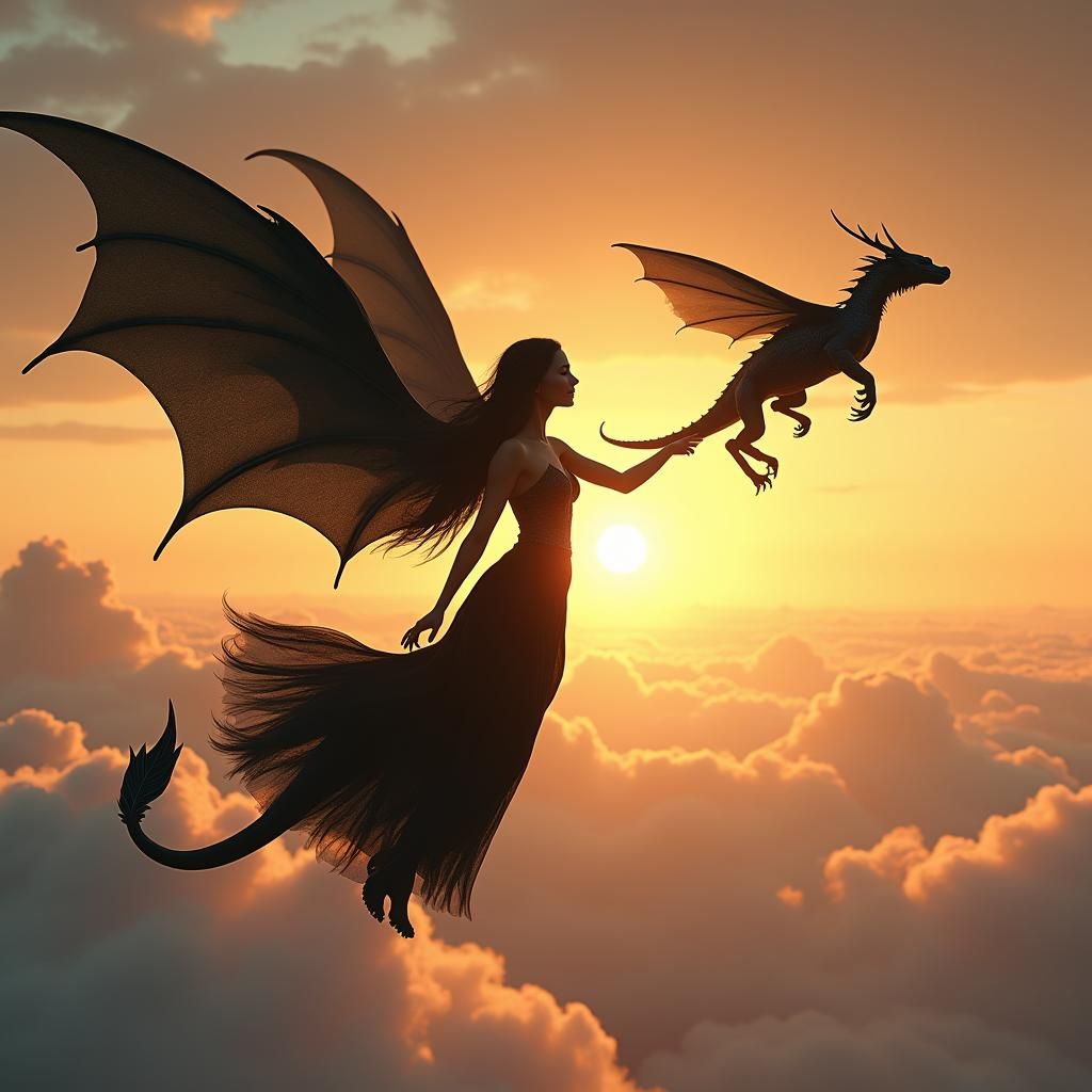 Fairy and Dragon Soaring at Sunset in Digital Art Style