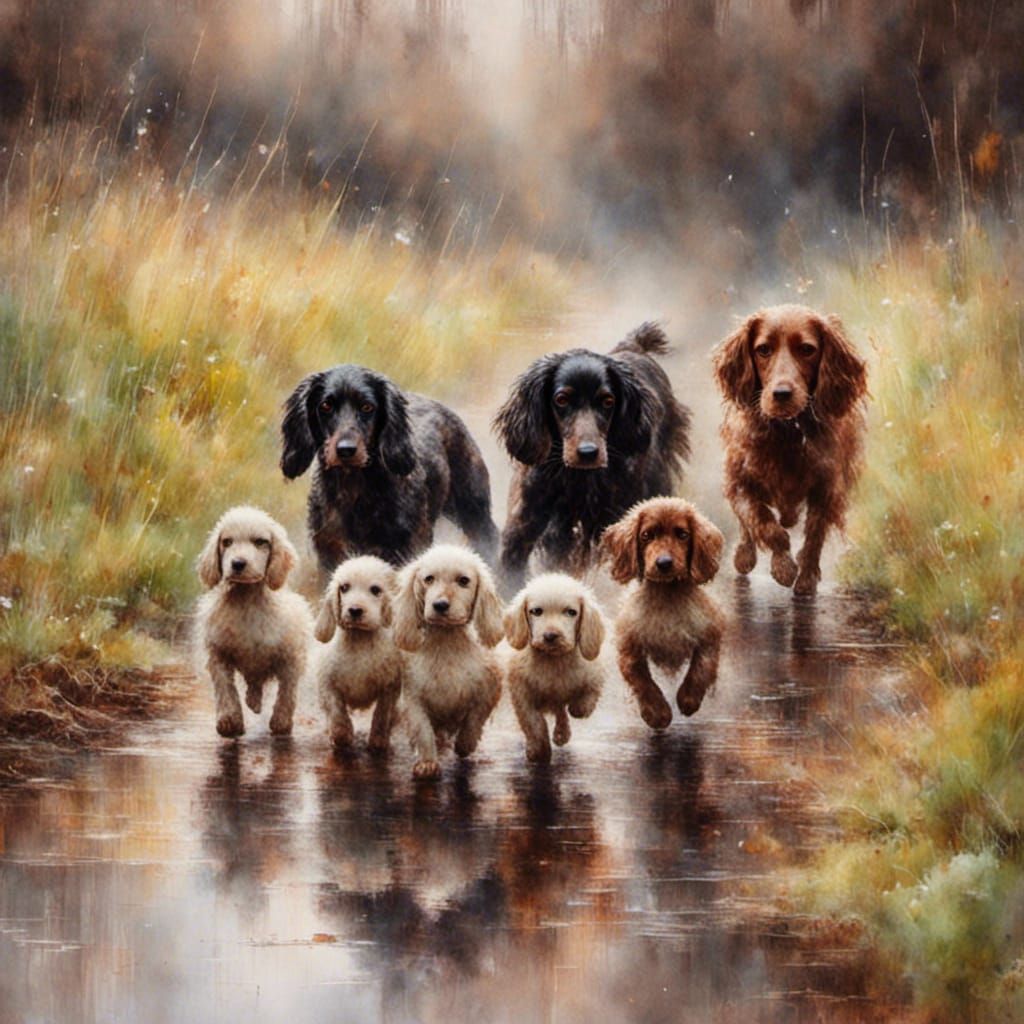 Ducklings Follow Dog in Watercolor Style