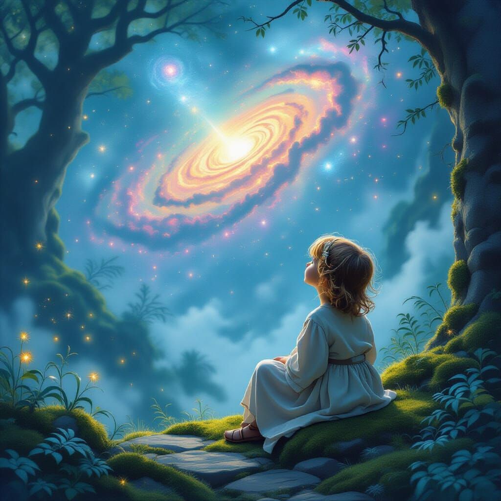 Child Gazes at Nebula Sky in Enchanted Forest