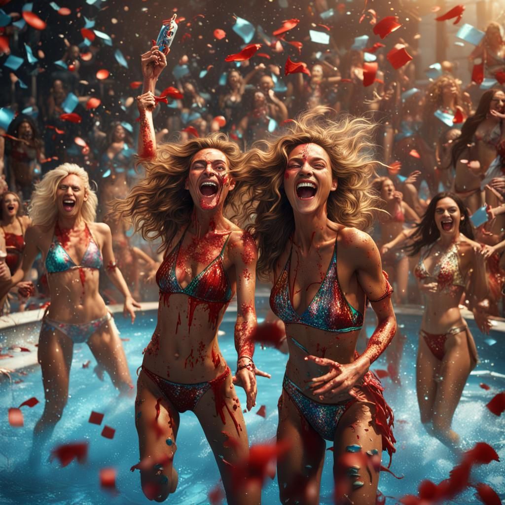 Disturbing Pool Party: Supermodels in Razor Blade Bloodbath