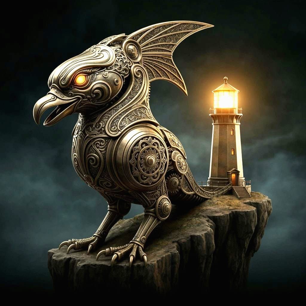 Art Deco Mechanical Griffin Guards Stylized Lighthouse