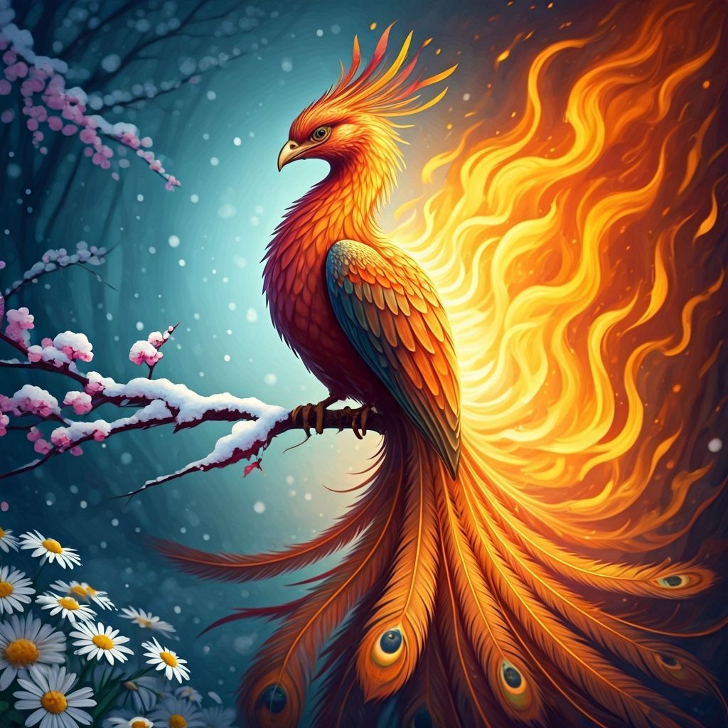 Phoenix in Snow and Flames: Watercolor Fantasy