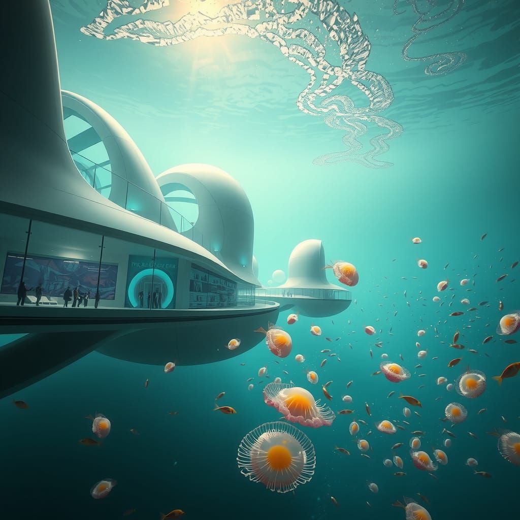 Frutiger Aero Underwater City with Prism Glass Architecture