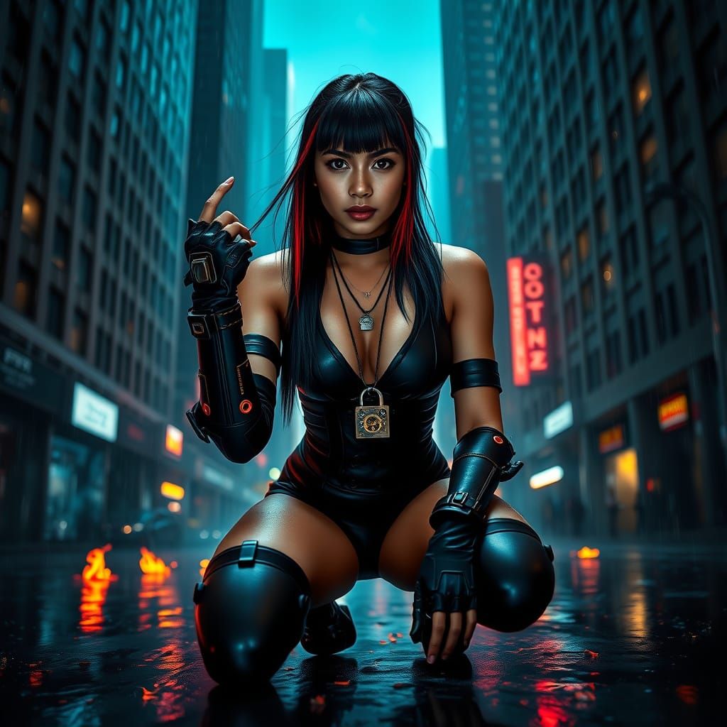Cyberpunk Latina with Cybernetic Arm in Rain-Slicked City