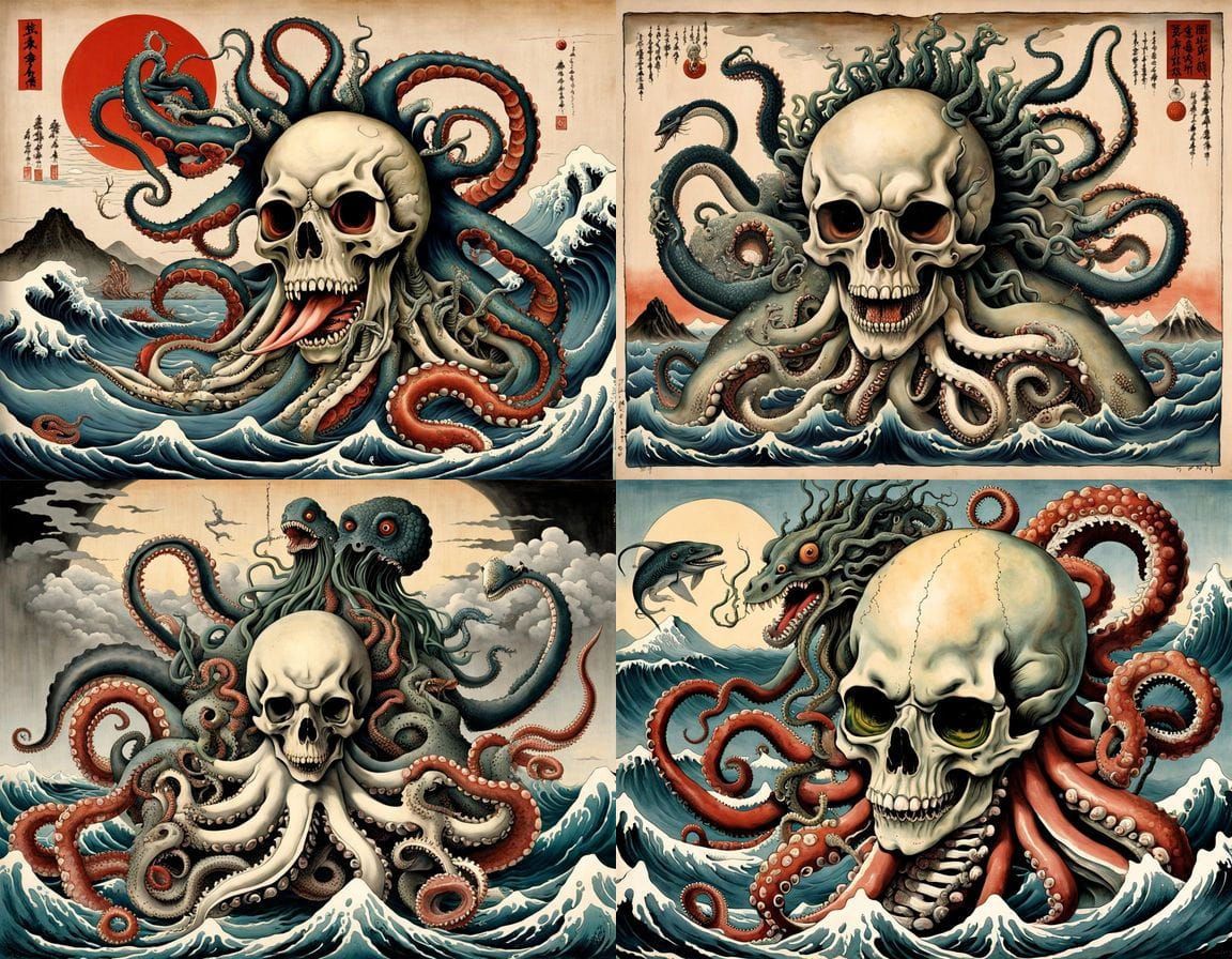 Surreal Japanese Hybrid Creature Emerging from Tsunami