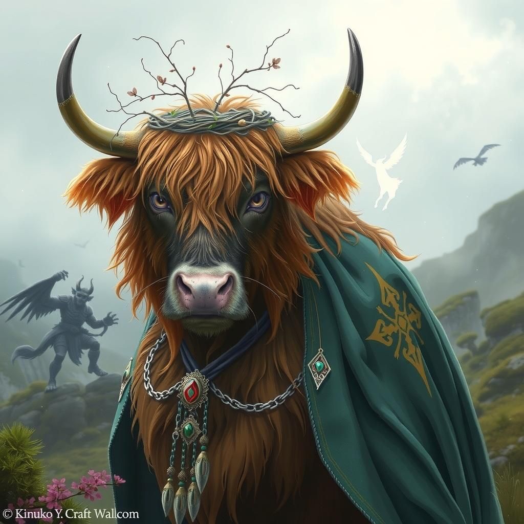 Highland Cow Prince Challenges Wraith in Misty Highlands