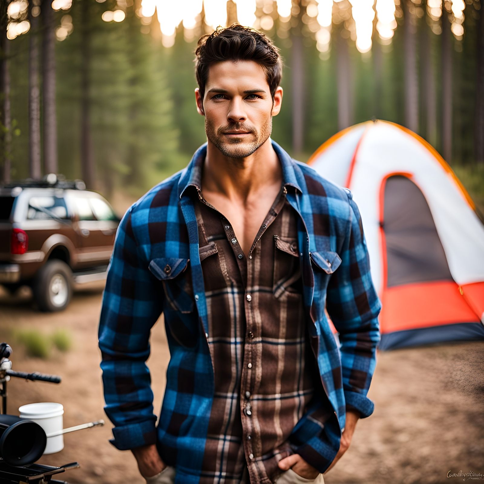 Handsome Man at Campsite Ready to Fish