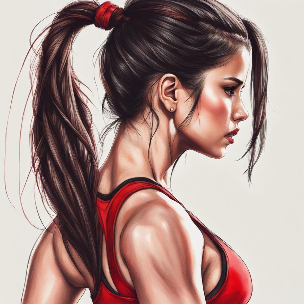 Detailed Pencil Sketch of Woman in Red Sports Bra