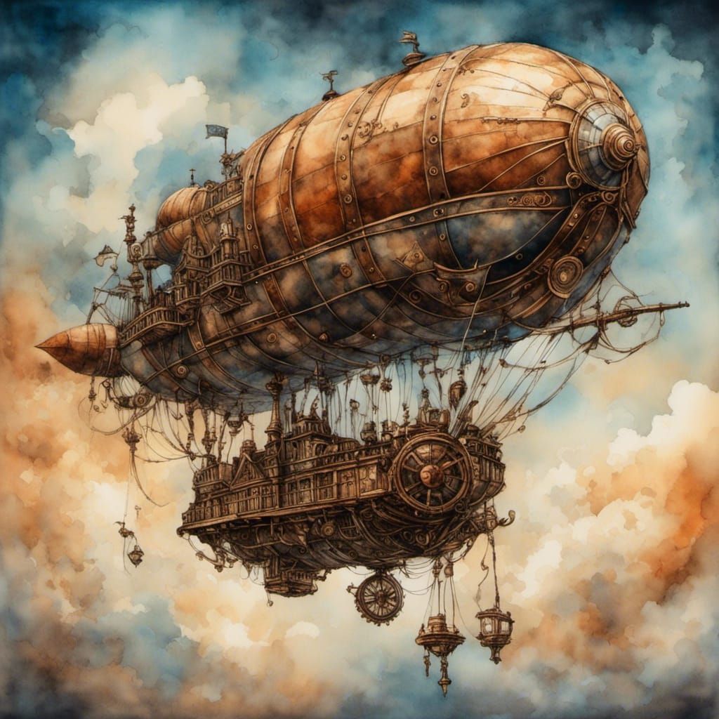 Steampunk Airship Soaring in Watercolor Sky