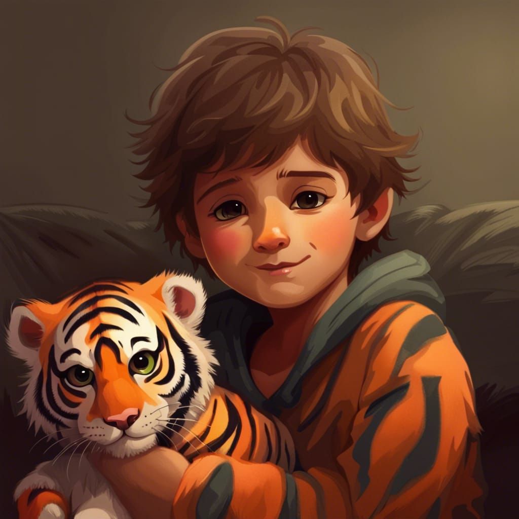Boy Cuddling a Tiger Cub