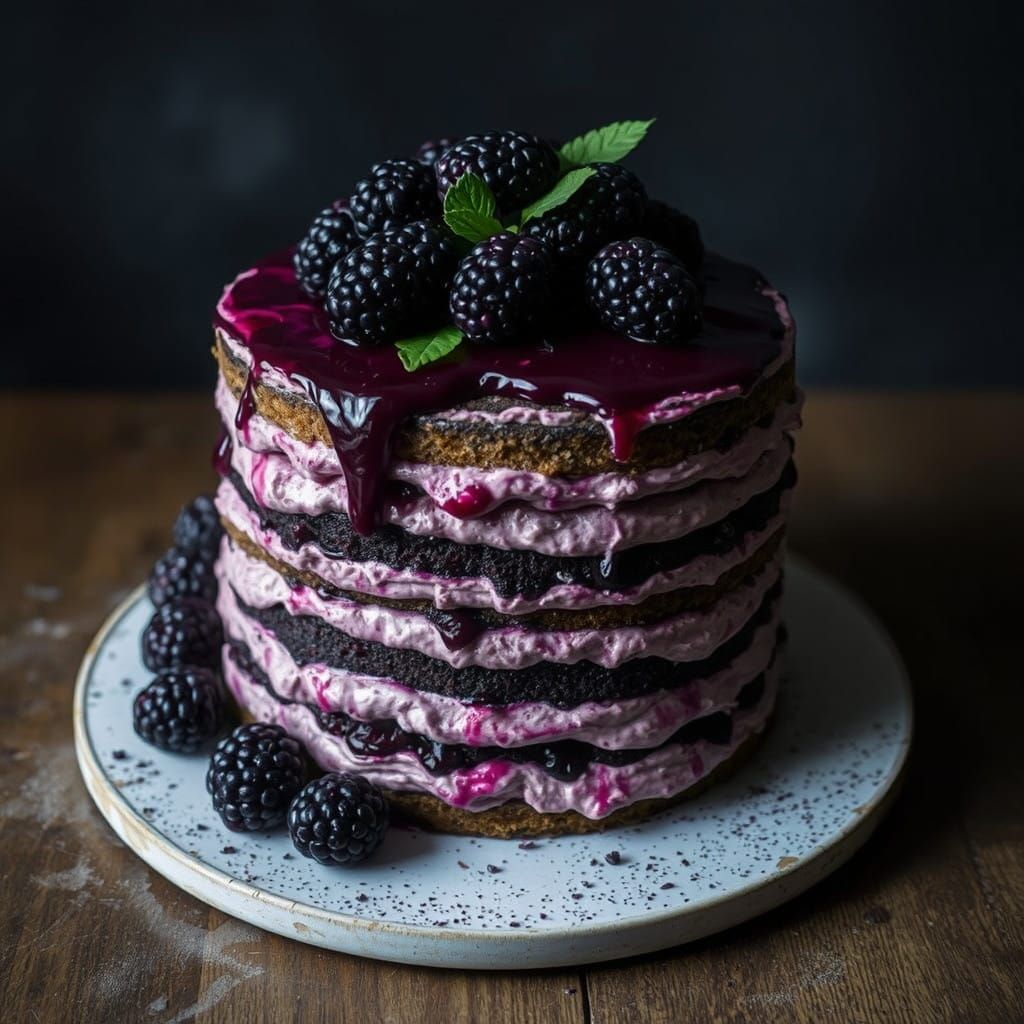 Dark Fantasy Blackberry Cake with Opal Hues