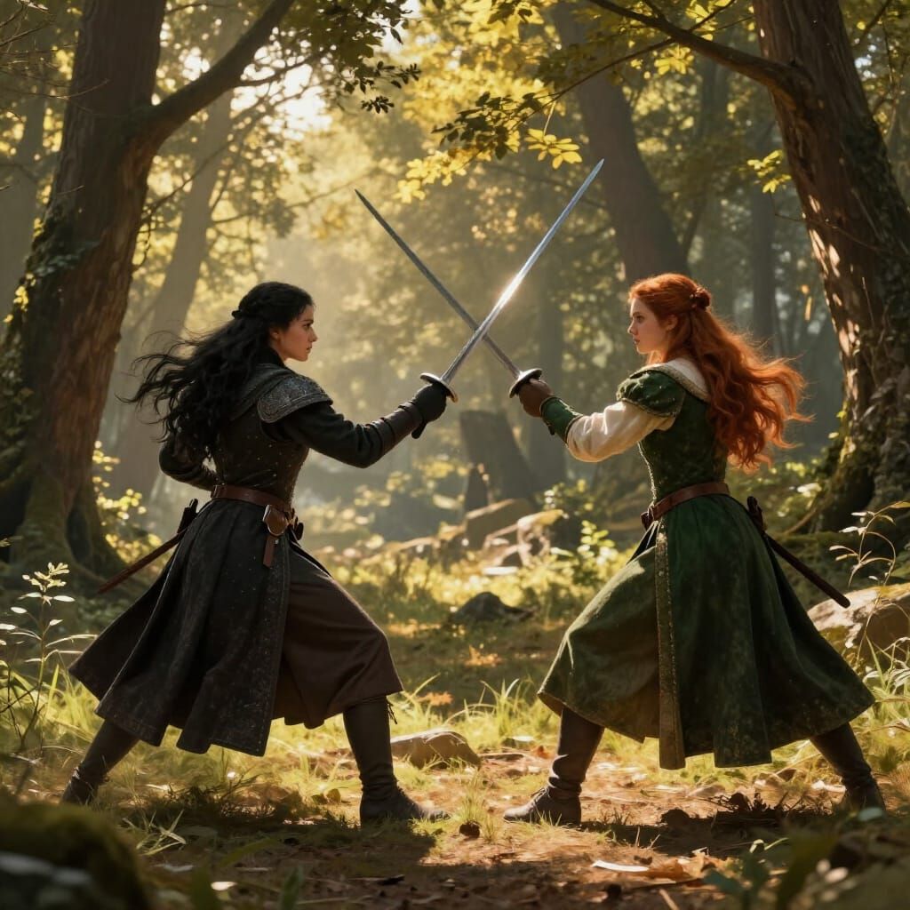 Medieval Women Duel in Sunlit Forest Clearing