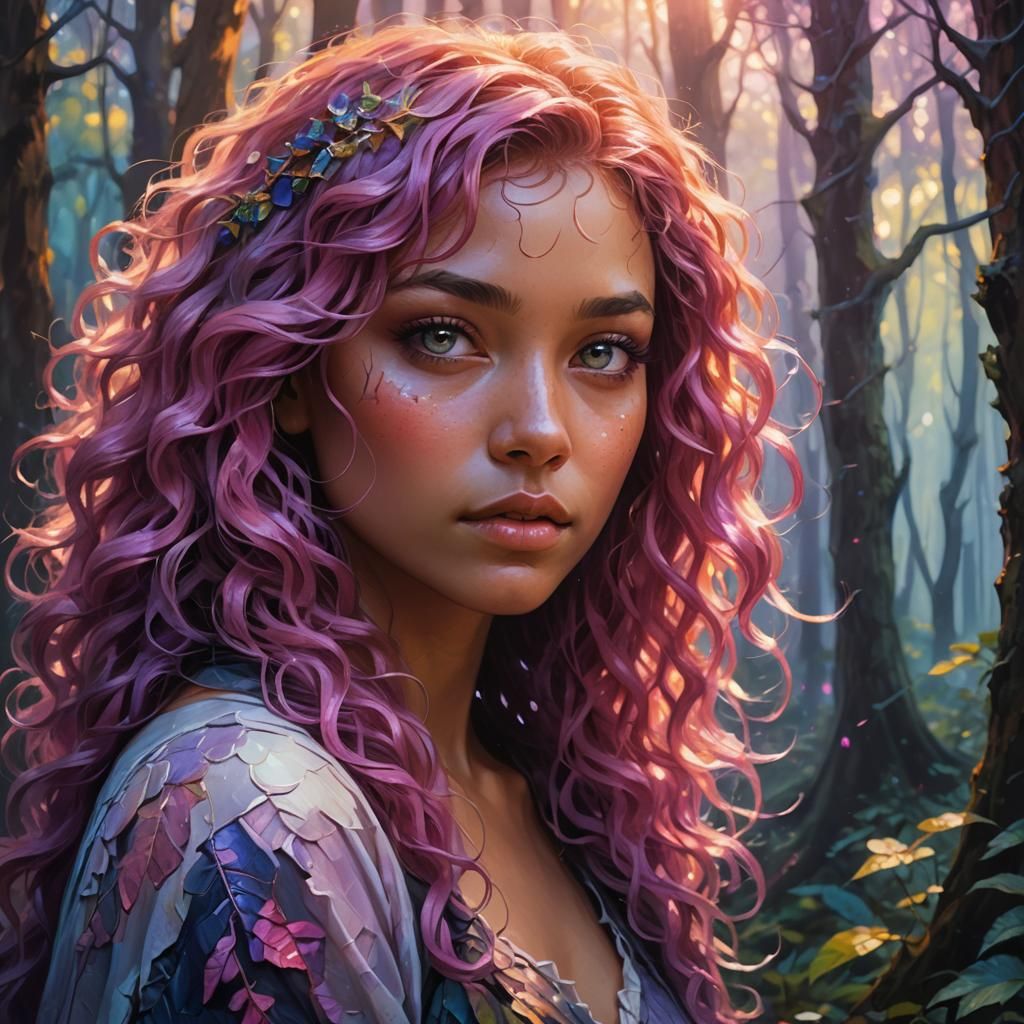 Fantasy Girl Portrait in Mystical Forest, Art Nouveau